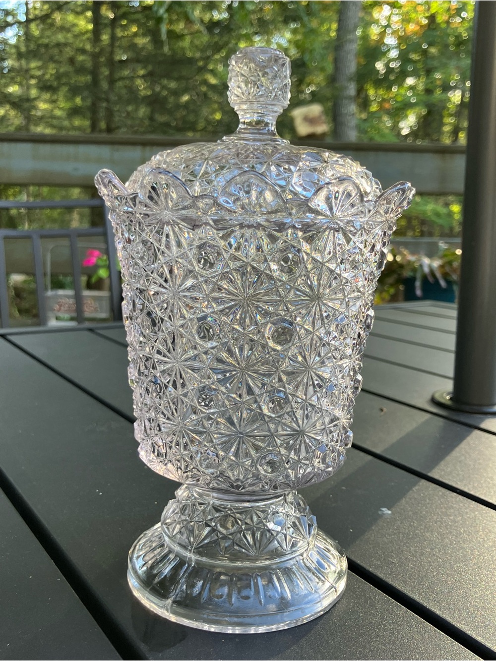 Pressed Glass Covered Compote - Clear Cut Star Pattern